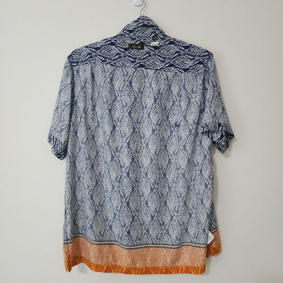 Tasso Elba Men's Silk-Blend Short Sleeve Button-Up Shirt Blue White Orange Sz L - Picture 4 of 11
